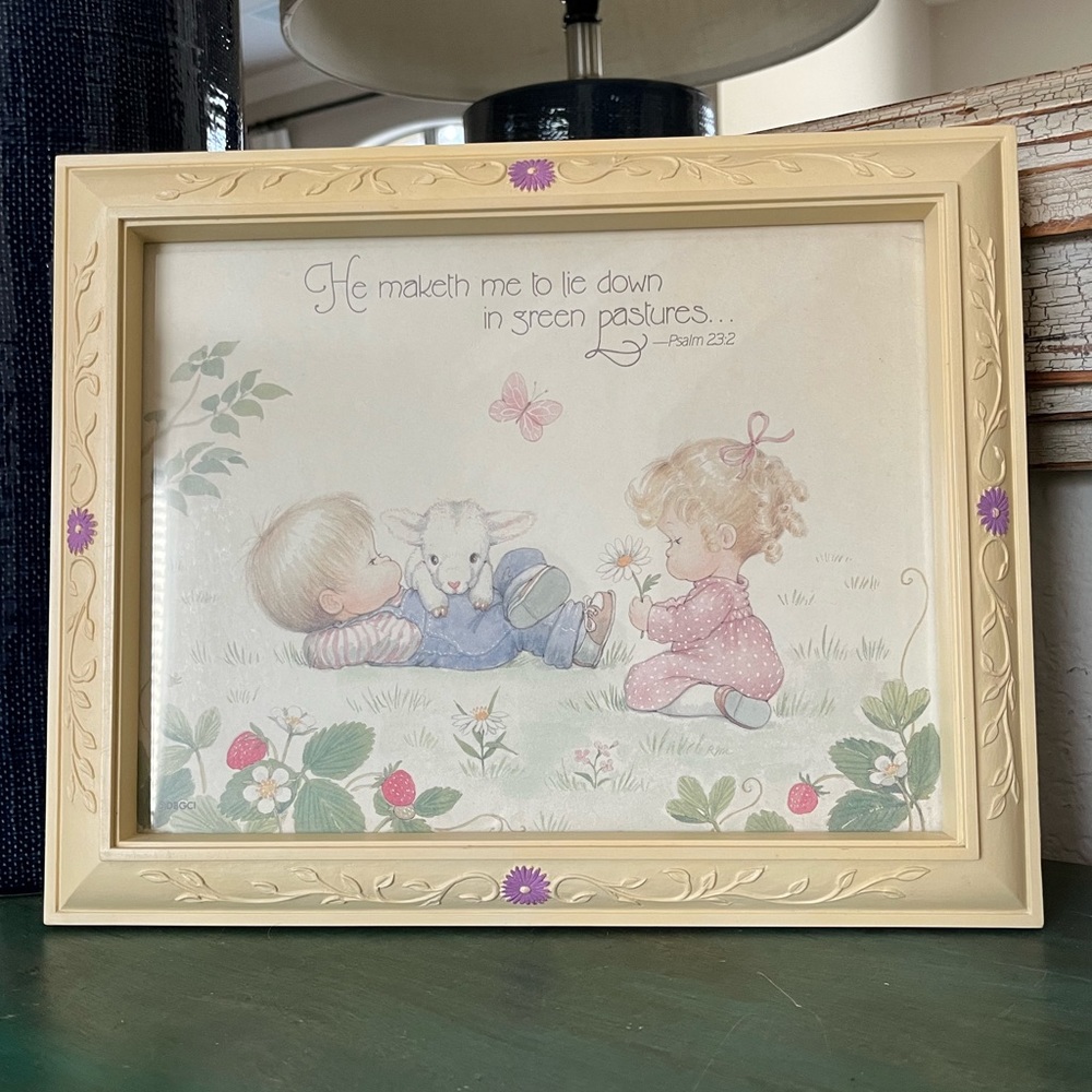 Vintage | Precious Moments Framed Print | Yellow Plastic Frame Purple Flowers